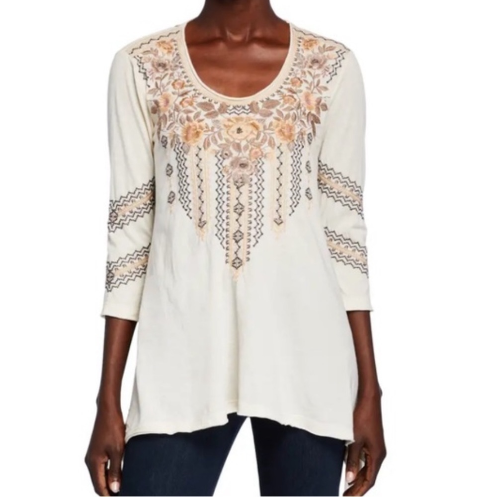 JOHNNY WAS Marushka Trapeze Floral Embroidered Knit Blouse 3/4 sleeve XS